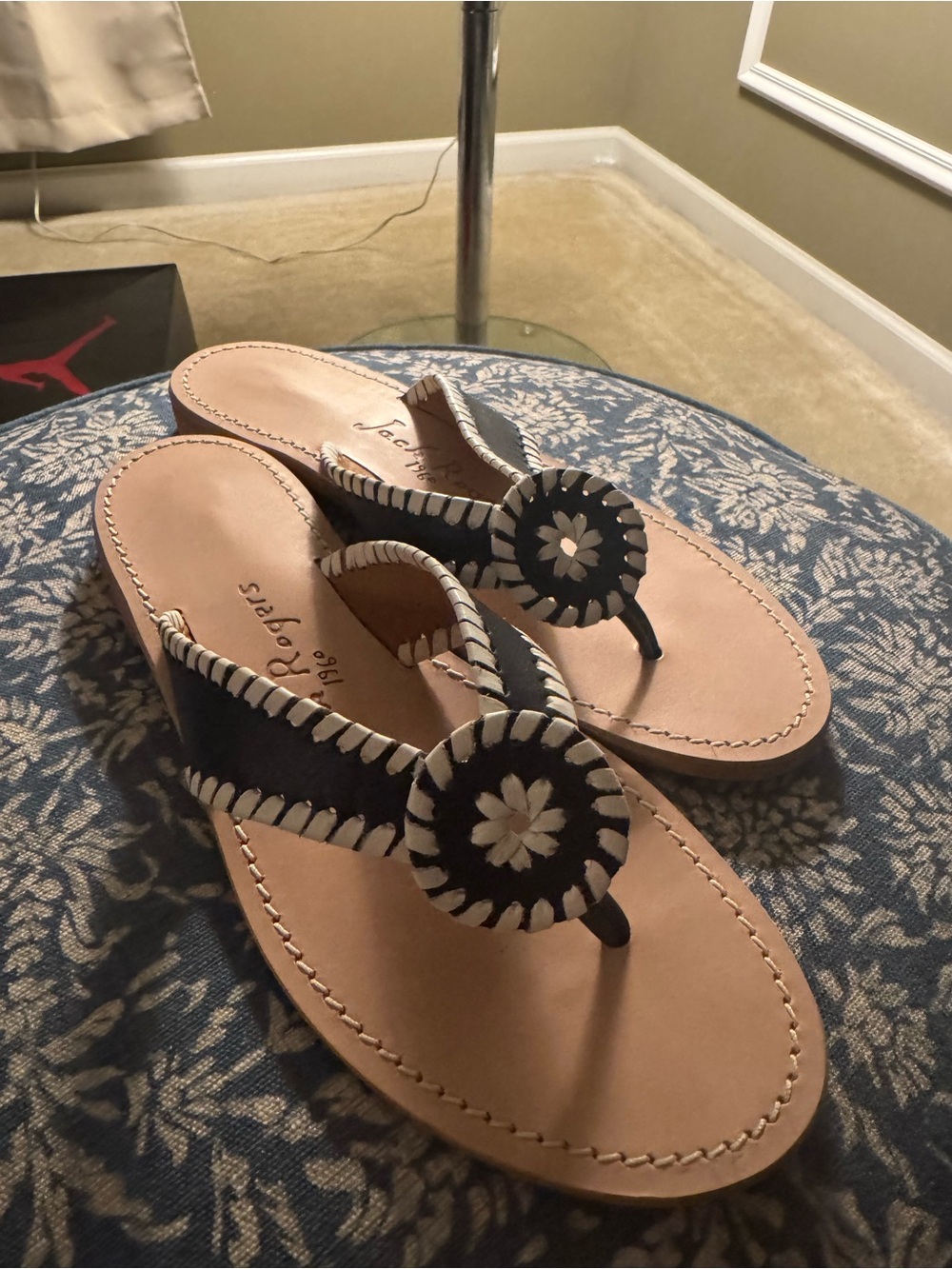 Jack Rogers Navy and Cream Leather Whipstitch Medallion Sandals